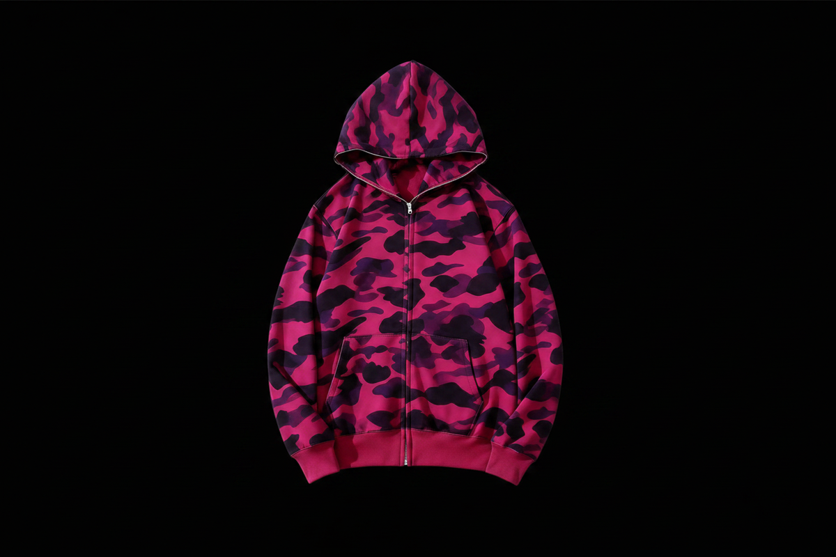 Pink camo zip-up jacket on black background