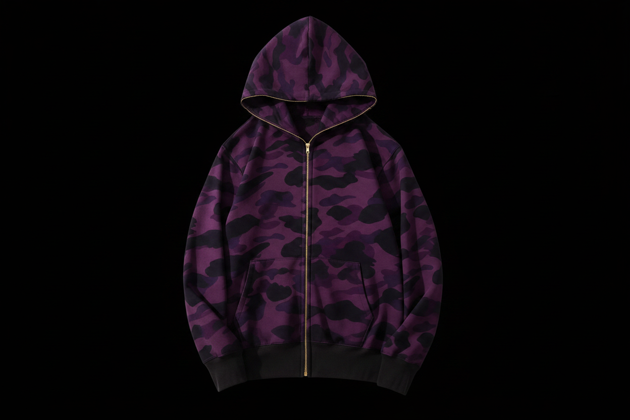 Purple camo zip-up jacket with gold zippers